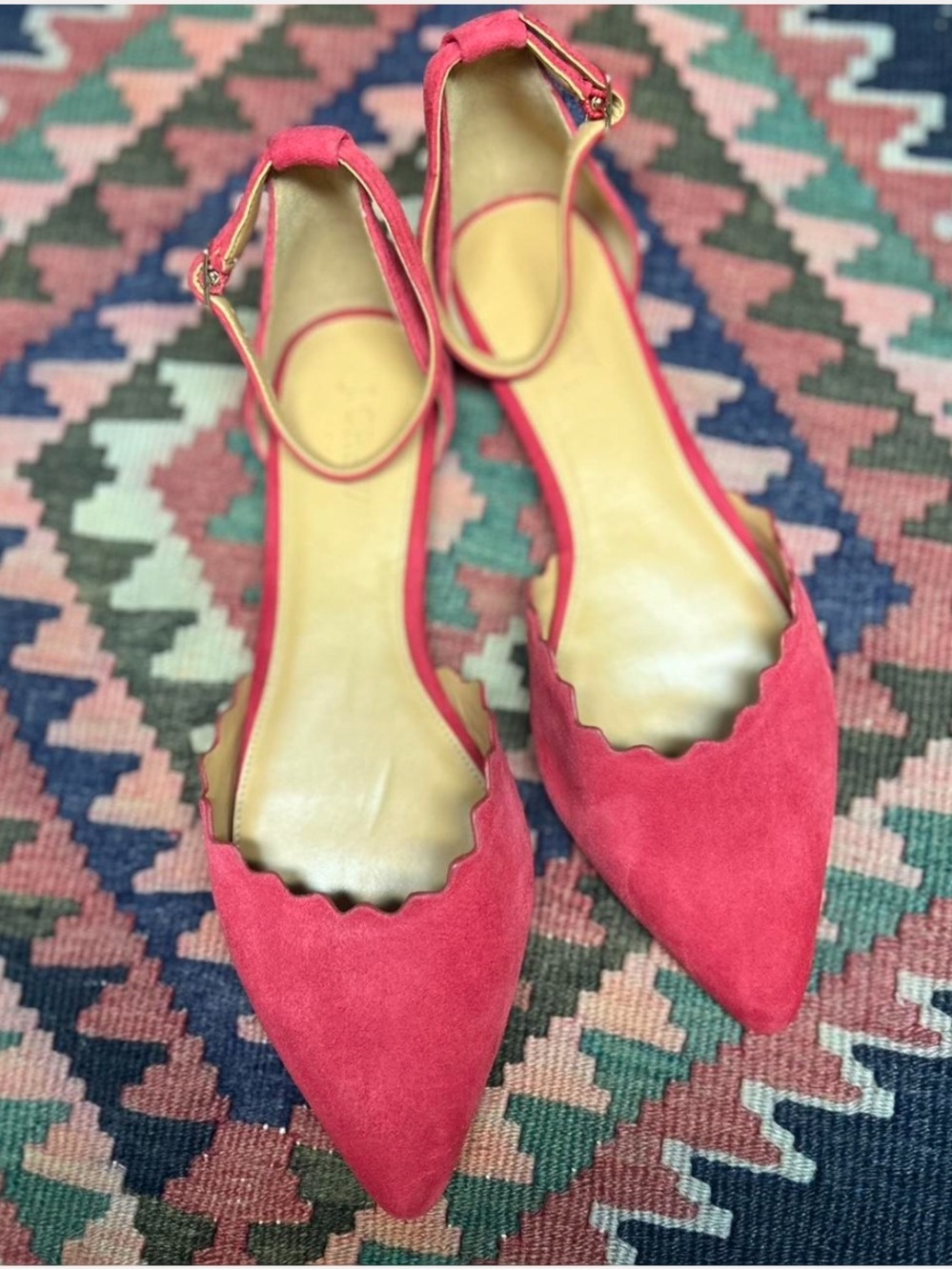 NWOT JCrew Suede Dusty Rose Pointed Scalloped Ankle Strap Flats